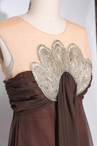 1950's Stunning Brown Beaded Maxi Gown