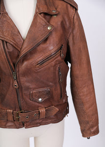 1980's Brown Leather Moto Jacket By Manzoor